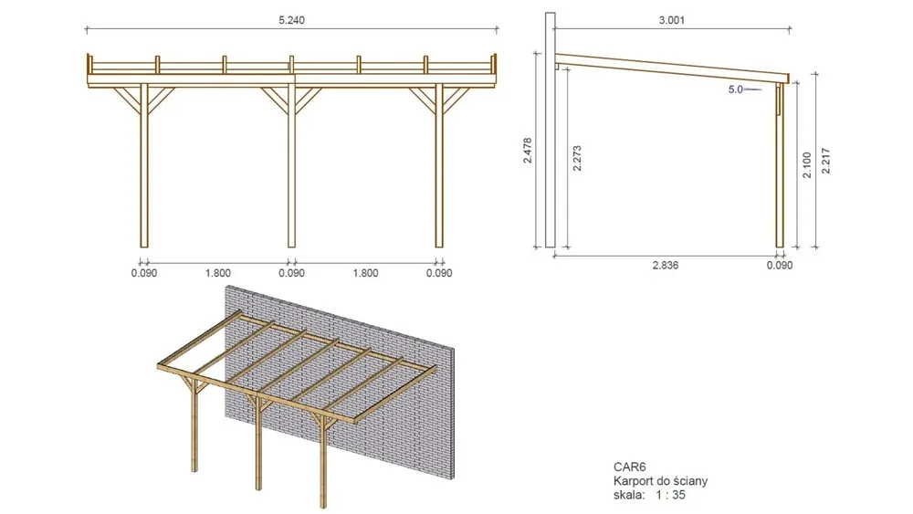 Carport, abri de voiture 3x5,24 m - 15 m2 - adossé  - car6 - altanka